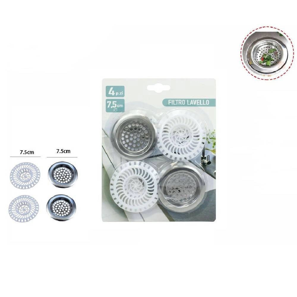 Trade Shop - Set 4 Filtri Lavello Cucina Bagno Doccia Scarico Lavandino 40104 Plastica Acciaio -