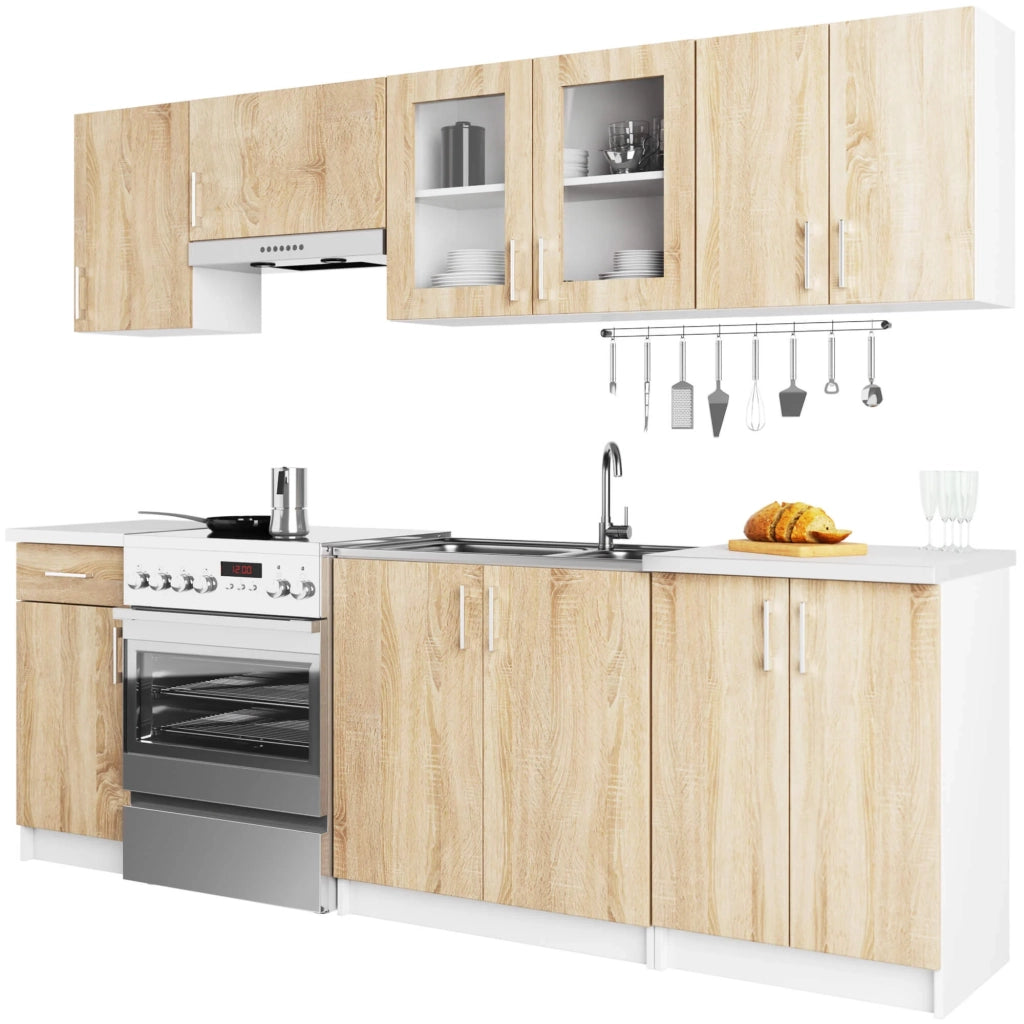 Set da cucina con vetrina AKORD LIMA 2,4 m Bianco 240 cm 11 ante 1 cassetto frontale Rovere Sonoma 240×44,5×203 cm