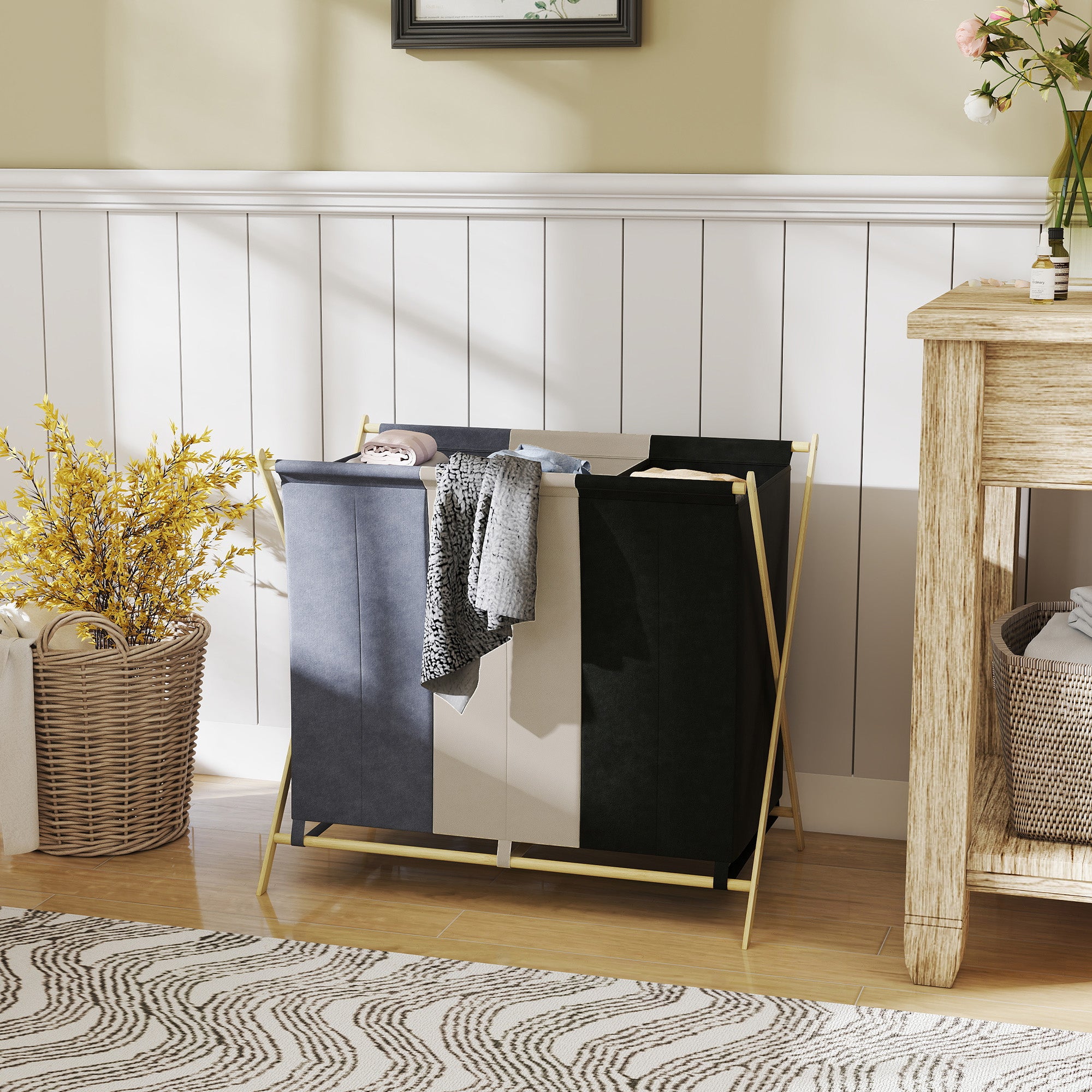 Cesto Portabiancheria Pieghevole 75x48x67 cm a 3 Scomparti in Bambù e Tessuto Effetto Lino Multicolore