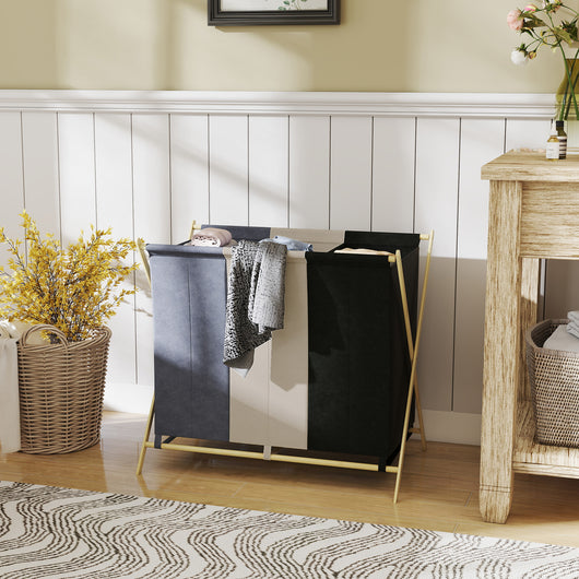 Cesto Portabiancheria Pieghevole 75x48x67 cm a 3 Scomparti in Bambù e Tessuto Effetto Lino Multicolore