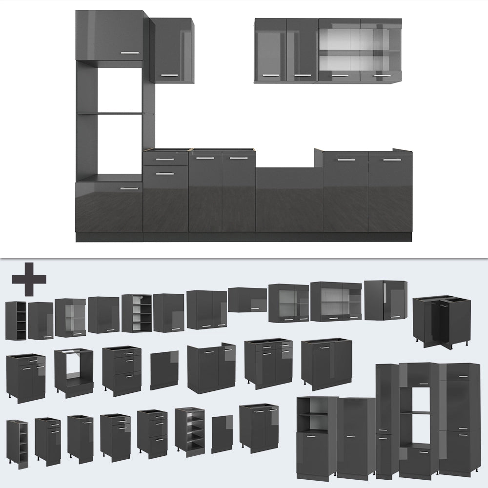 Vicco Cucina componibile Antracite lucido/antracite 300 cm con armadio alto, PL Rovere
