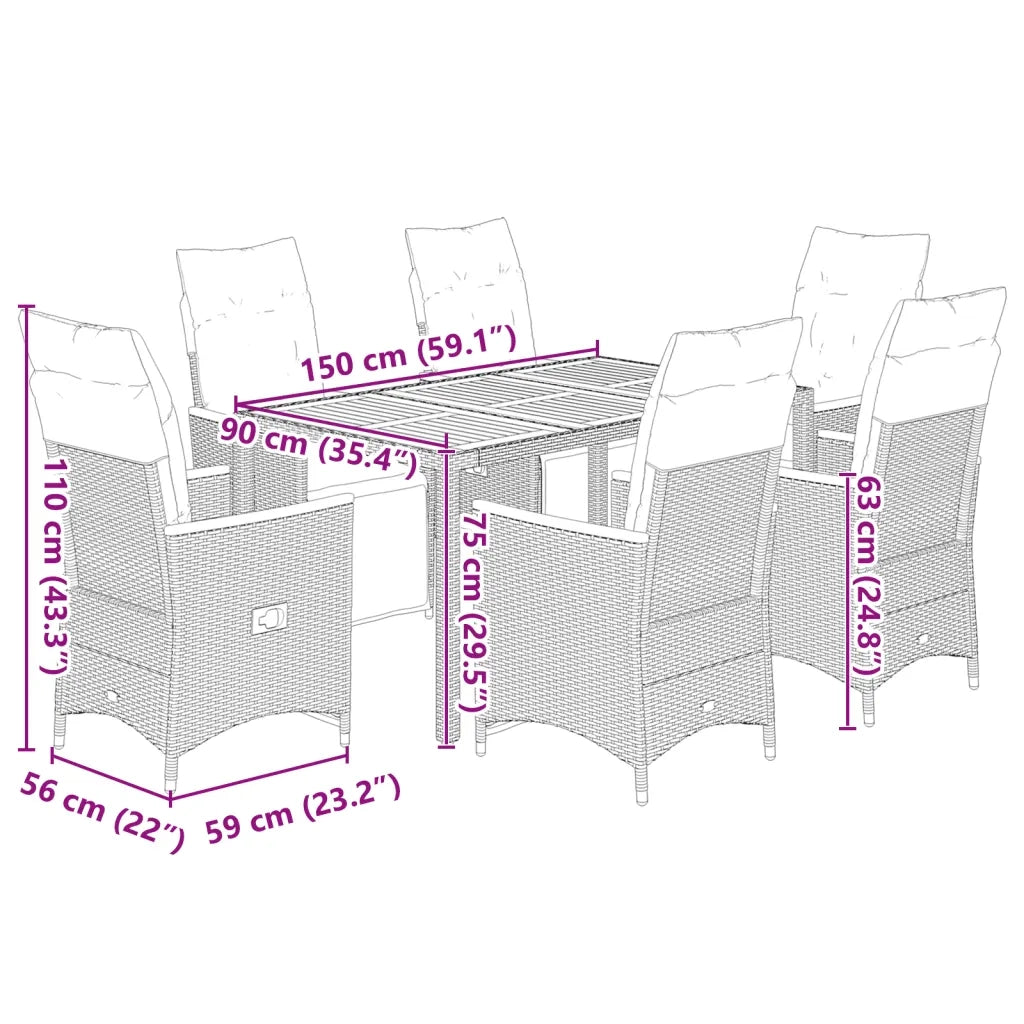vidaXL Set Bistrò da Giardino 7 pz con Cuscini in Polyrattan Grigio