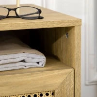 Set 2 Comodini in Stile Boho con Armadietto e Ripiano Aperto, in Truciolato, Rattan e MDF, 39x35x60 cm