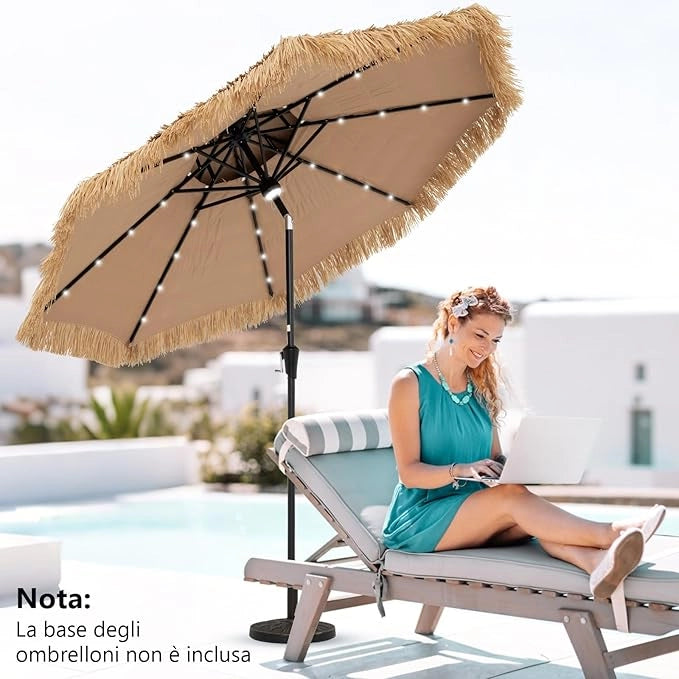Ombrellone da Giardino in Paglia PP, Ombrellone Hawaiano 256 cm, con Luci LED, Manovella Manuale, Inclinazione di 35°, Ombrellone Tiki con 8 Stecche per Spiaggia Giardino
