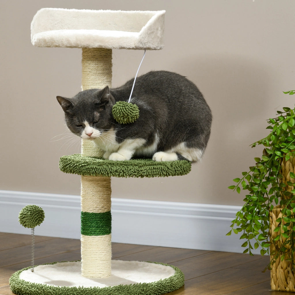 Albero Tiragraffi con Lettino per Gatti, 2 Palline, Piattaforma e Palo in Sisal, Verde e Bianco