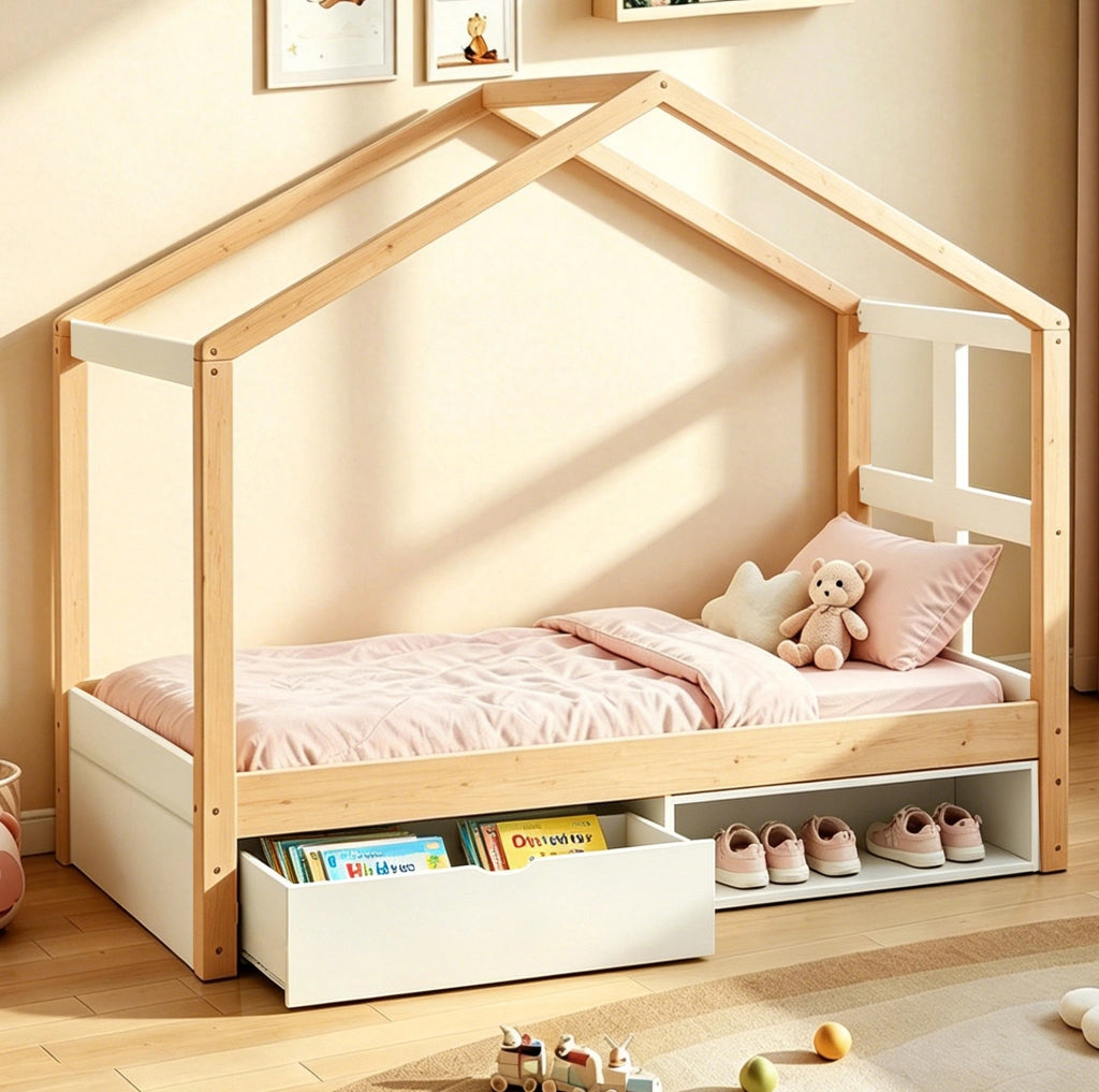 Letto singolo a casetta 90x190 cm con cassetto, scarpiera e LED
