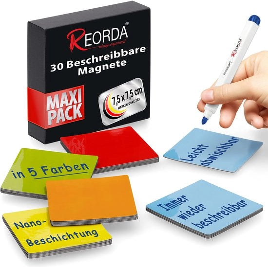 Strisce Magnetiche Descrivibili - 30 Strisce Descrivibili - 7,5 x 7,5 cm (Colorate) - Magnetici Descrivibili per Tavole Bianche, Tavole Kanban, Tavole Magnetiche o come Magnetici Descrivibili per la Dispensa