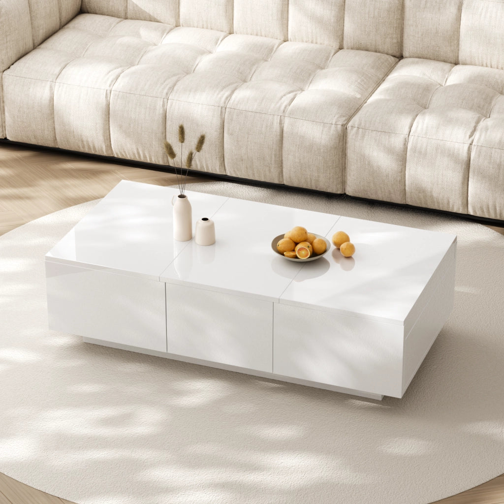 Tavolino da Salotto con 2 Cassetti e Vani Contenitore Nascosti Push Pull; Bianco Lucido; Stile Moderno; in Pannelli di Particelle; 100×50×31 cm