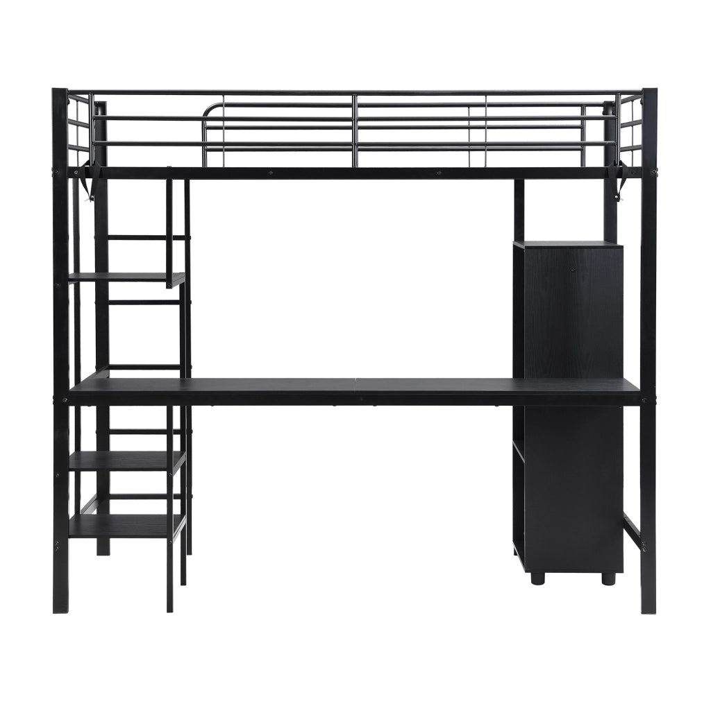 Letto a castello in ferro nero con scrivania, armadio e scala a 5 gradini, 90x200 cm
