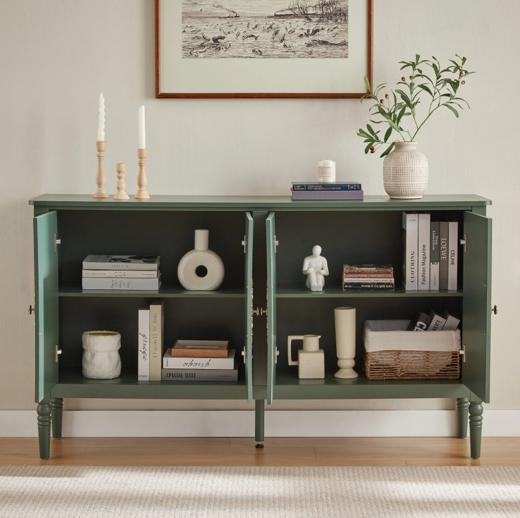 Credenza 160x40x89 cm con decori in rilievo e angoli arrotondati in truciolare; MDF e metallo verde