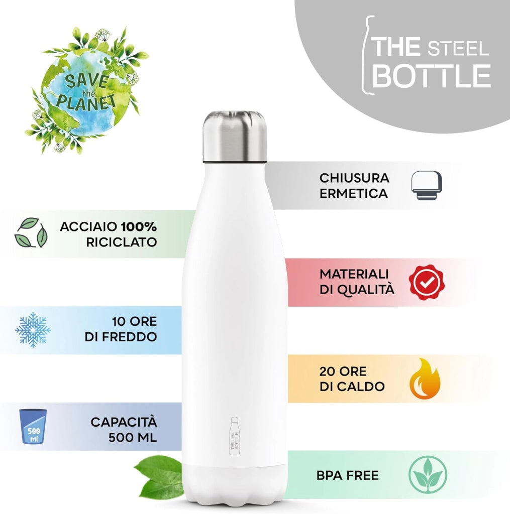 The Steel Bottle Bottiglia termica in Acciaio Inox Capacità 500 ml Chiusura Ermetica - Bianco