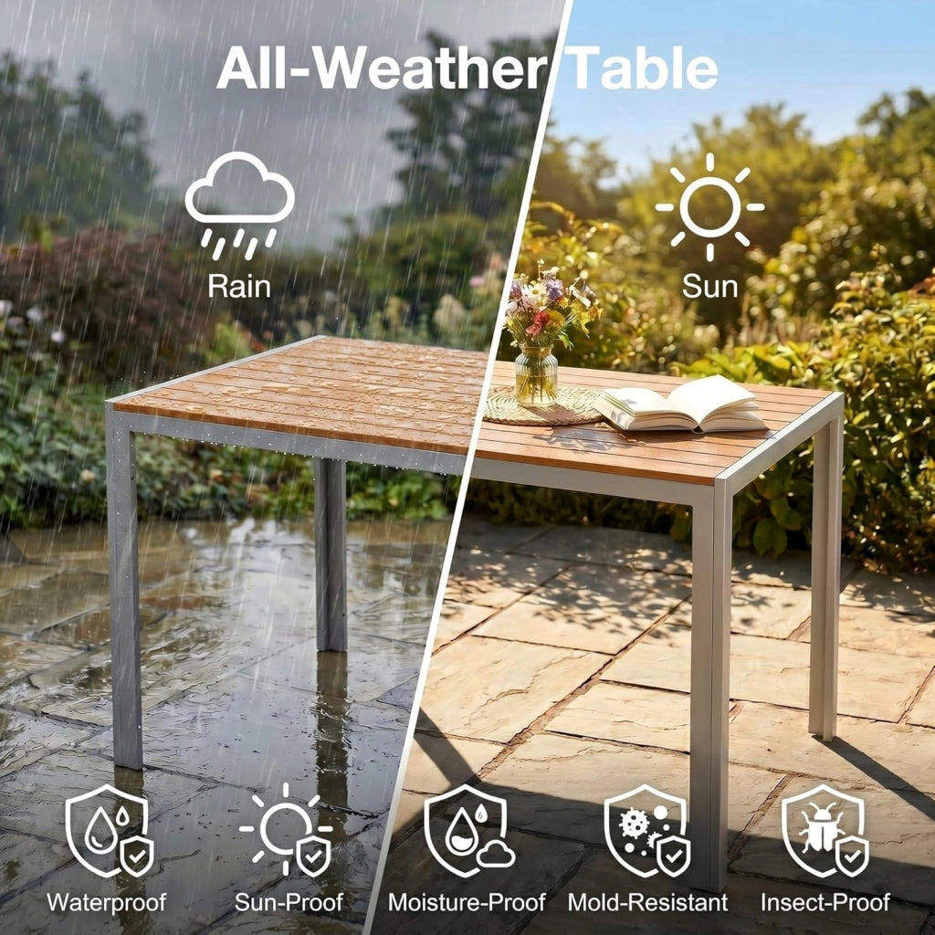 Tavolo da Giardino Moderno in WPC 110 x 70 cm, Tavolo da Pranzo per Esterno per 4-6 Persone, Tavolo da Balcone Salvaspazio in Alluminio, Design Effetto Legno,Marrone Teak + Grigio Chiaro