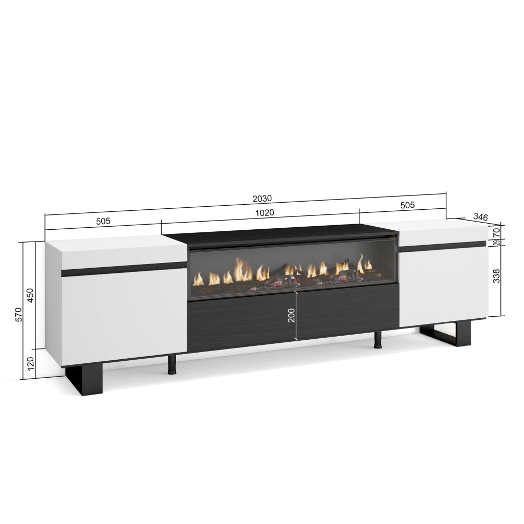 Mobile TV, 200x35x57cm, soggiorno, Per TV fino a 80", Camino elettrico, Design industriale, Bianco e nero RF2206