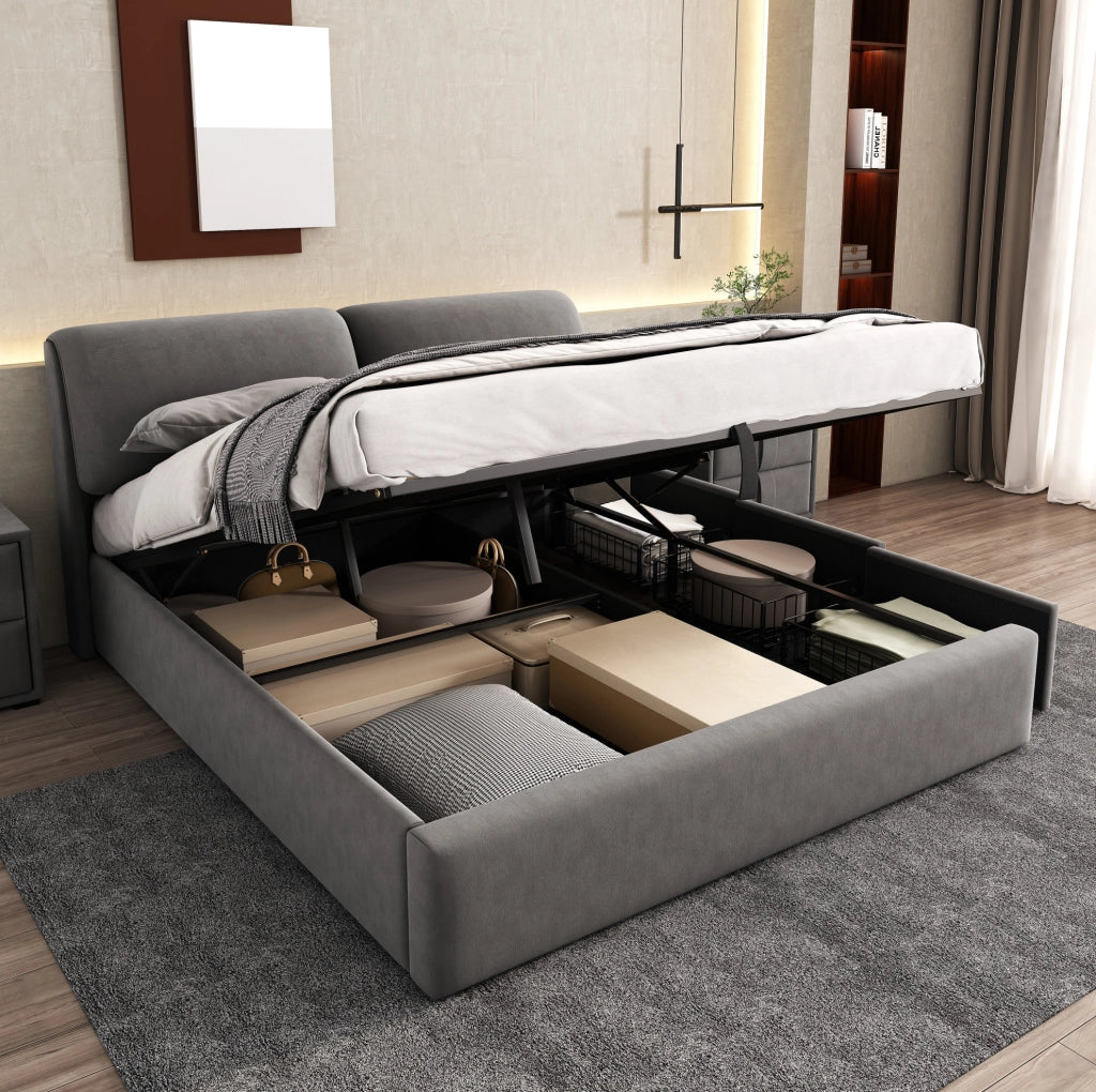 Letto imbottito in velluto grigio 180 x 200 cm con contenitore e 3 cassetti