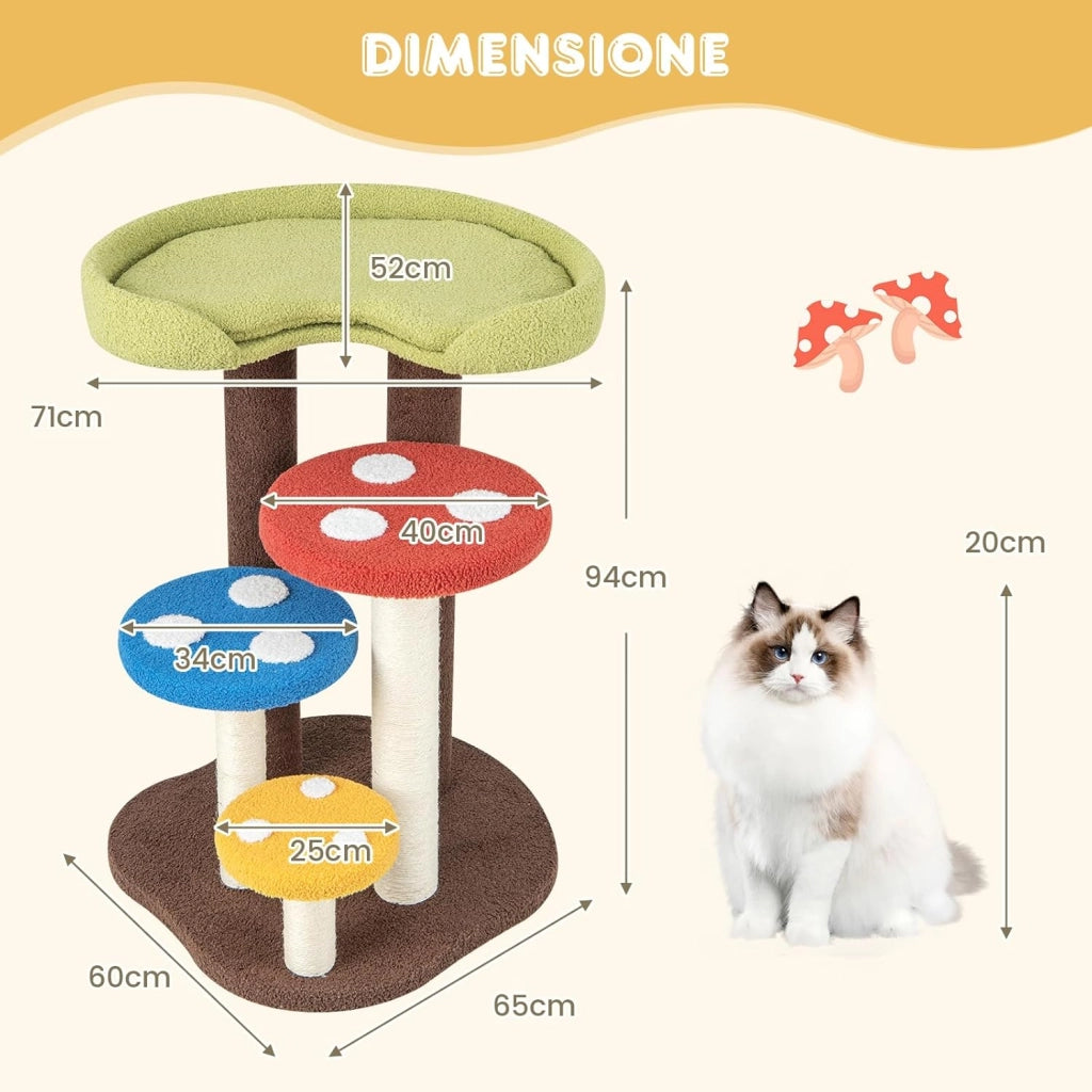 Albero per Gatti 3 in 1, Torre per Gatti a 5 Livelli con 3 Pali in Sisal, Tappetino e Piattaforme Rimovibili, Centro Attività per Gattini a Fungo