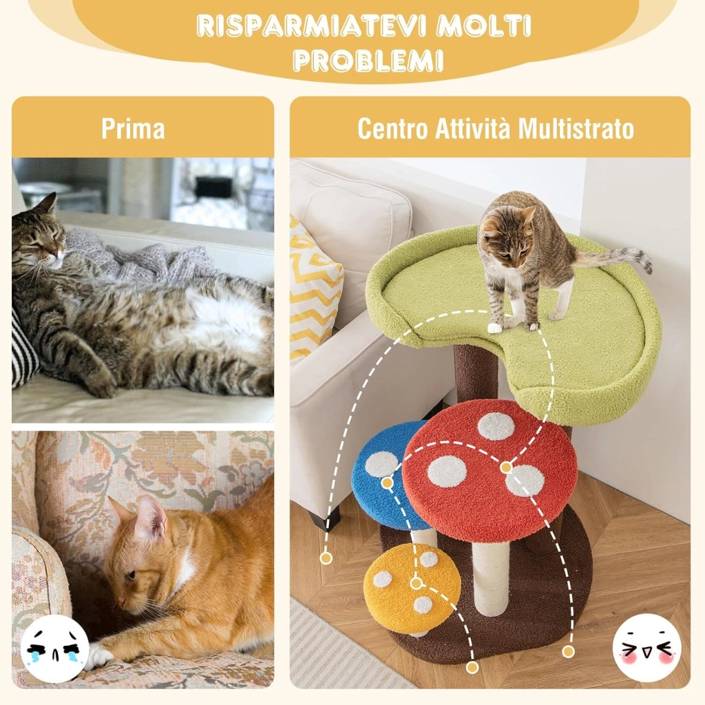 Albero per Gatti 3 in 1, Torre per Gatti a 5 Livelli con 3 Pali in Sisal, Tappetino e Piattaforme Rimovibili, Centro Attività per Gattini a Fungo