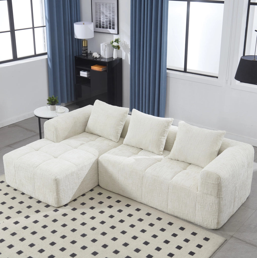 Divano modulare 3 posti in ciniglia beige con chaise longue