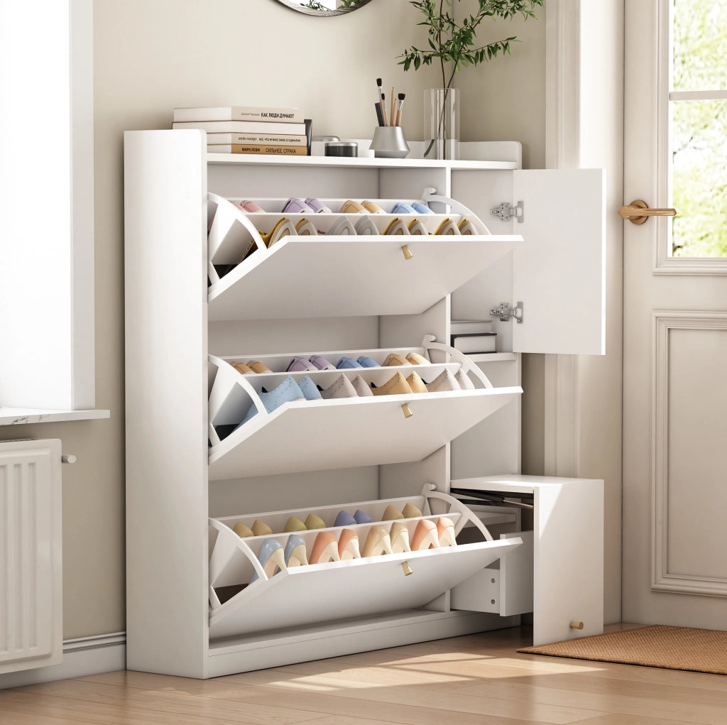 Scarpiera 119x24x122 cm con 3 cassetti a ribalta e panca richiudibile; pannello truciolare bianco
