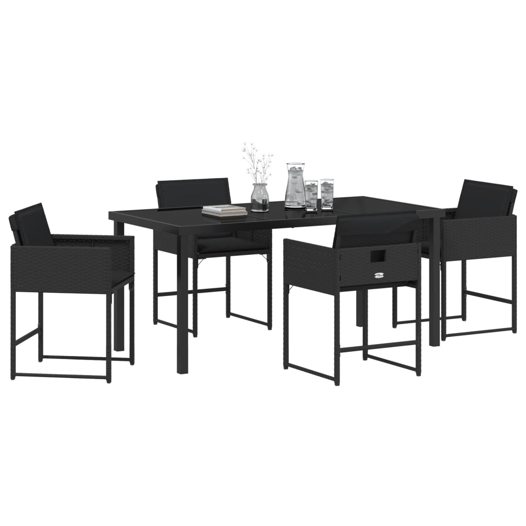 Set da Pranzo da Giardino con Cuscini in 5 Pezzi Rattan Poliestere Nero