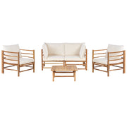 Set da giardino angolare composto da divano 2 posti 2 poltrone e tavolino in bambù bianco sporco con cuscini bianchi stile elegante