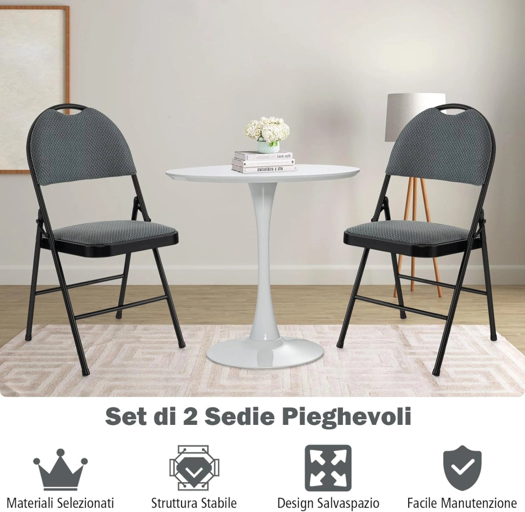Set di 4 Sedie Pieghevoli, Sedie da Pranzo con Seduta Imbottita e Schienale Rivestito in Tessuto, con Gambe in Metallo, Sedia Portatile per Soggioro, Ufficio, Portata 120 kg (Grigio)
