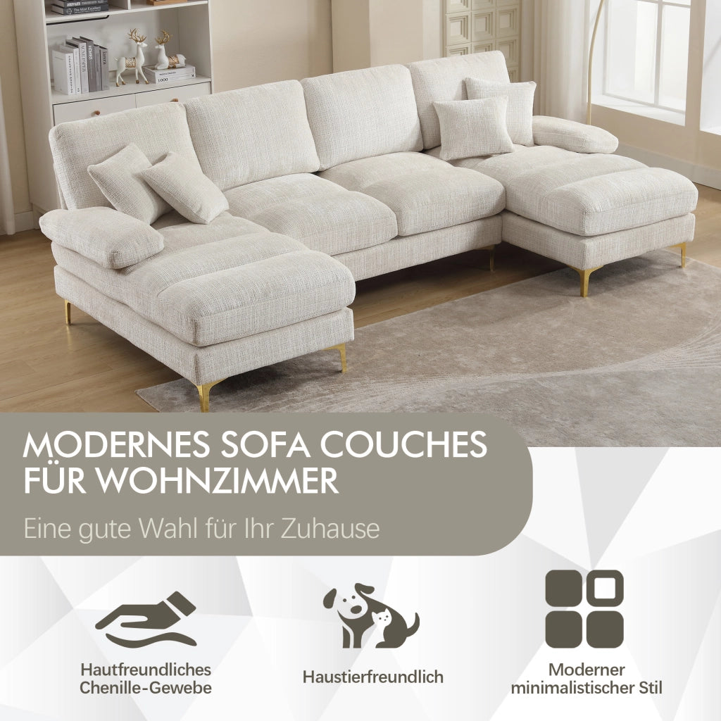 OKWISH Divano Panoramico a U, Doppia Chaise Longue con Cuscini Schienale e Piedi in Metallo, Ciniglia Beige 272 × 136 × 88 cm