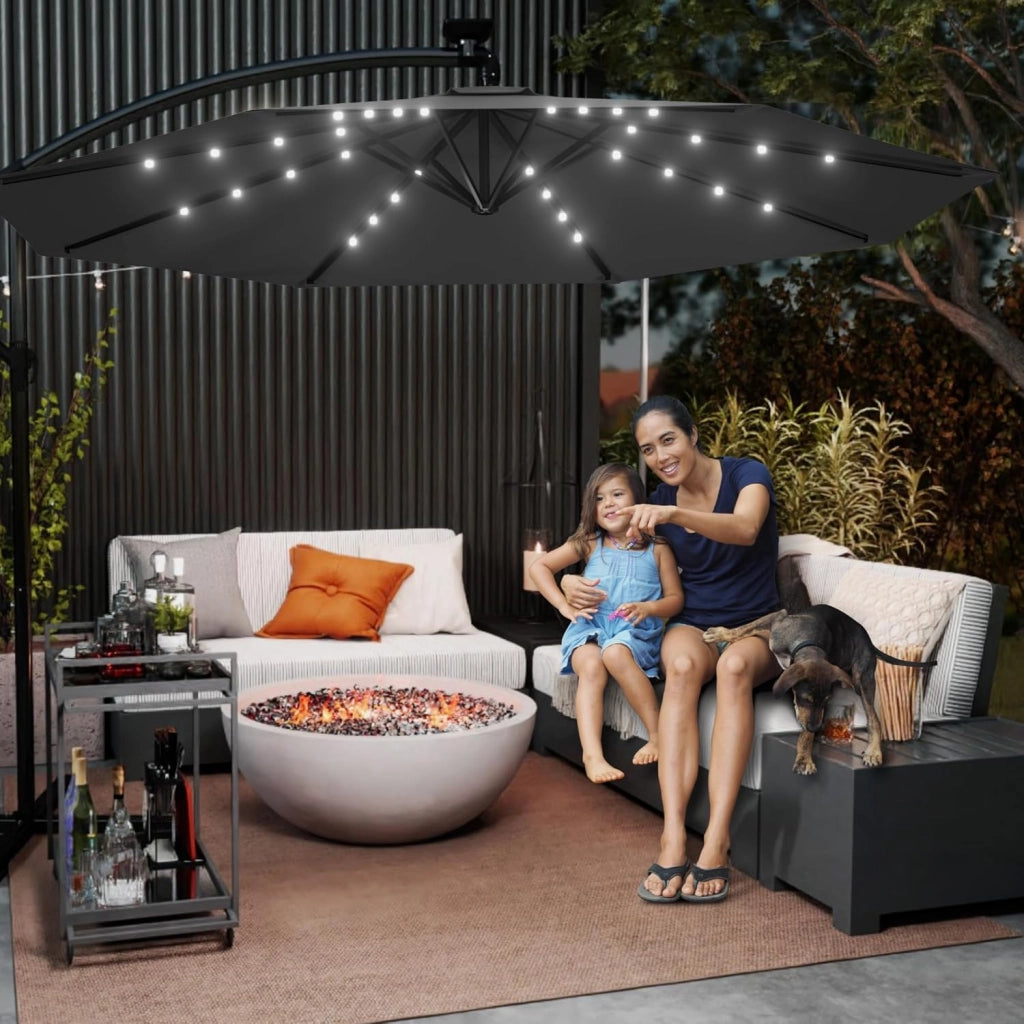 Ombrellone parasole con manovella, in alluminio, ombrellone da giardino, balcone, con supporto, protezione dai raggi UV, terrazza, giardino, spiaggia, grigio scuro, 3,5M, mit LED