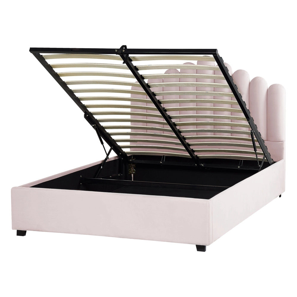 Letto contenitore matrimoniale rete a doghe velluto rosa 140 x 200 testiera a conchiglia