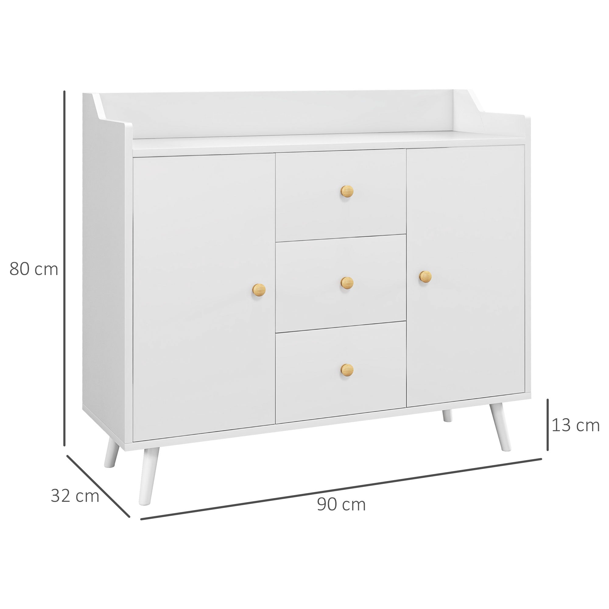 Credenza Moderna Mobile Basso 90x32x80 cm con 3 Cassetti e 2 Armadietti in Truciolato e Legno Bianco