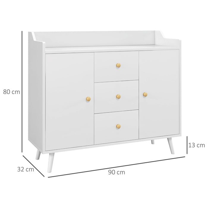 Credenza Moderna Mobile Basso 90x32x80 cm con 3 Cassetti e 2 Armadietti in Truciolato e Legno Bianco