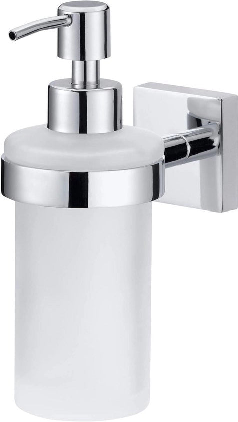 Dispensiere per sapone in vetro satinato e acciaio inox verniciato - fissaggio alla parete senza forare - 125mm x 70mm x 170mm