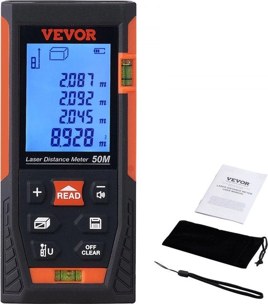Laserafstandsmetro con schermo LCD da 2" (misura superficie, distanza, volume con metodo di Pythagoras, portata massima: 50 m, precisione: ±1,5 mm, alimentato da 2 batterie da 1,5 V, con custodia protettiva)