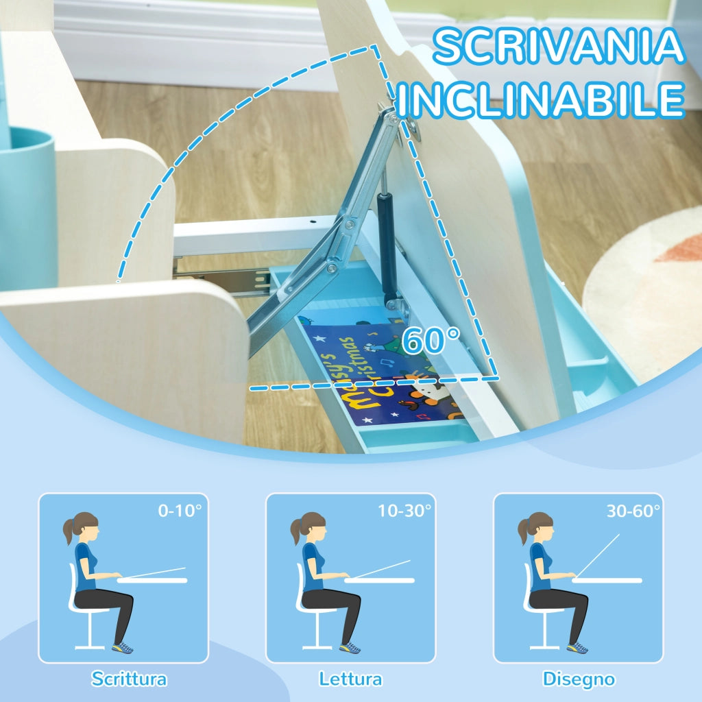 Set Scrivania e Sedia per Bambini da 3 Anni Regolabile, Tavolo Inclinabile a 60¡ã con Cassetto e Ripiani, Blu