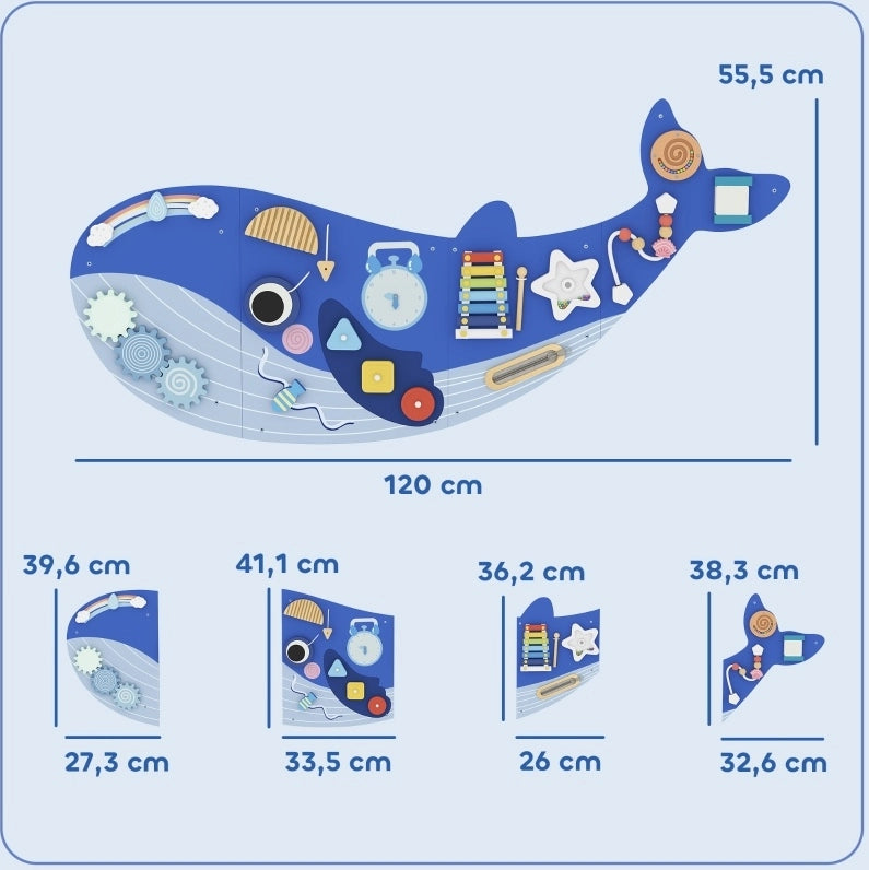 Pannello attivit¨¤ Montessori ULEVR a forma di balena 120x55,5 cm, 13 attivit¨¤ con xilofono, orologio e ingranaggi