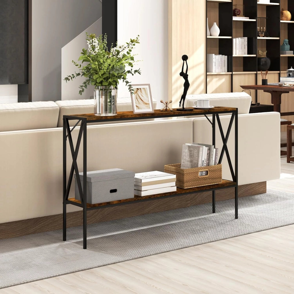 Consolle stretta 120 cm Consolle Ingresso a 2 Livelli con Ripiano Telaio in Metallo a Forma di X Kit Antiribaltamento Tavolino Stile Industriale per Corridoio Soggiorno Marrone