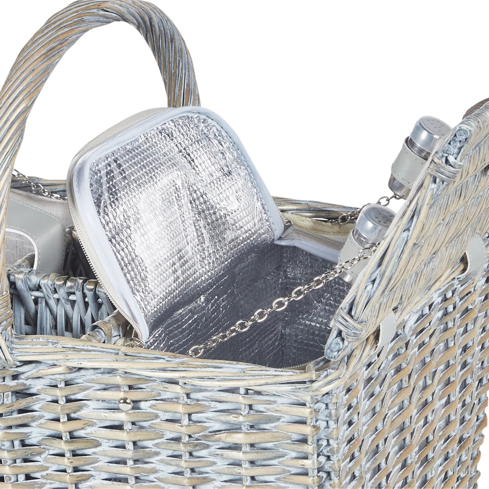 Cesto da picnic in vimini grigio per 4 persone fatto a mano con borsa termica semplice ed elegante