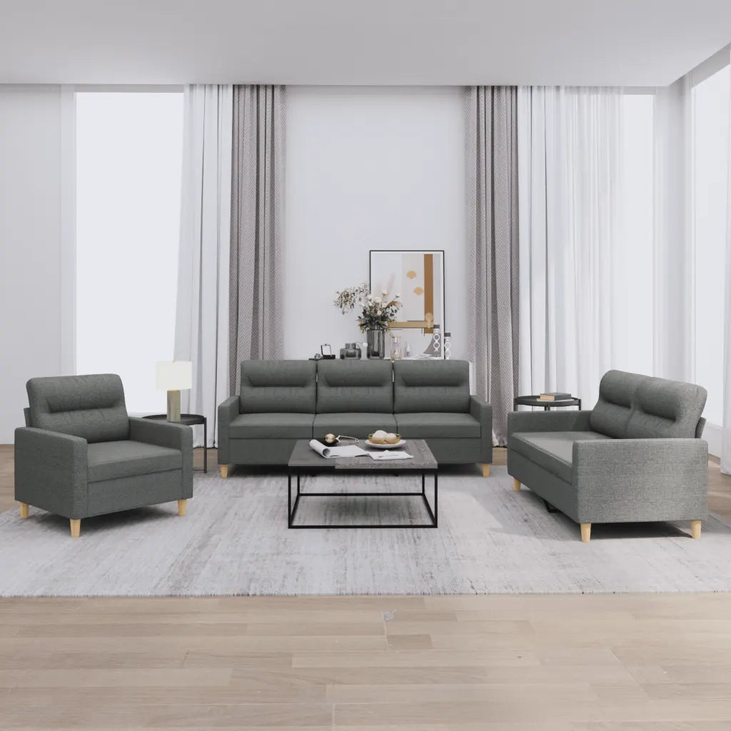 Set di Divani 3 pz con Cuscini Grigio Scuro in Tessuto