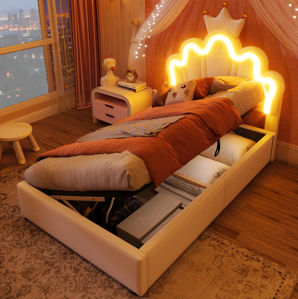 Letto imbottito 90x200 cm in PU bianco con LED; testiera regolabile e contenitore idraulico
