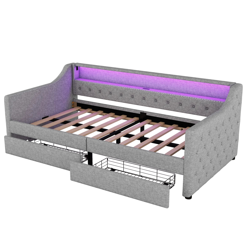Letto da giorno 90 x 200 cm con rete a doghe; 2 cassetti; LED multicolore con telecomando; USB; lino e MDF; grigio