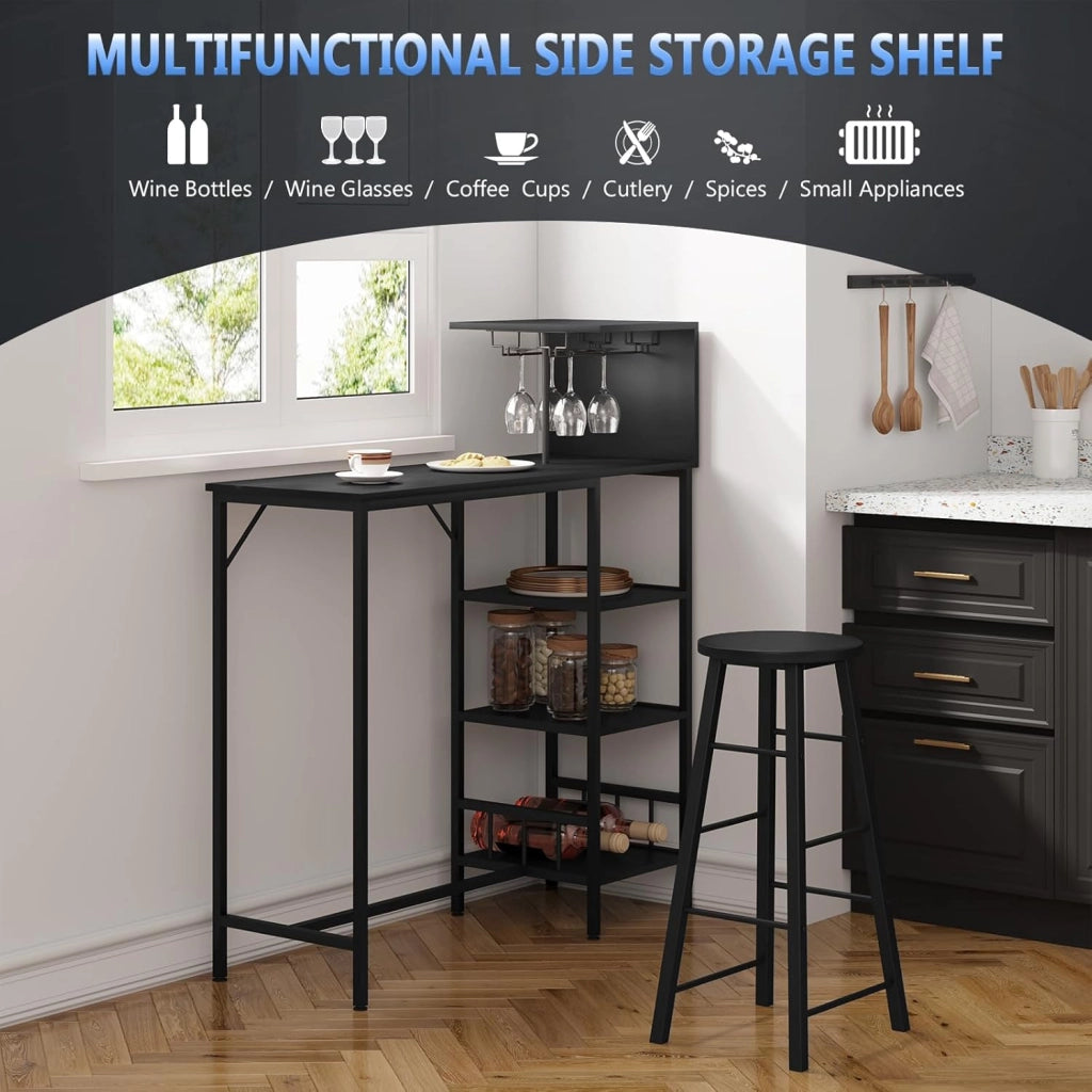 Set 3 Pezzi Tavolo da Bar con 2 Sgabelli Alti, Tavolo da Cucina con 4 Ripiani e 2 Portabicchieri da Vino, Mobile da Bar per Casa, Soggiorno, Ufficio, in Truciolato e Metallo, Nero
