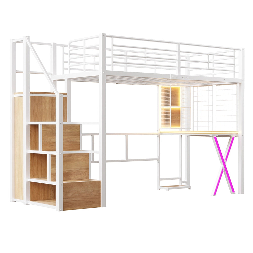 Letto mezzanino 90x200cm - Xylo - bianco, armadio, scrivania, illuminazione LED