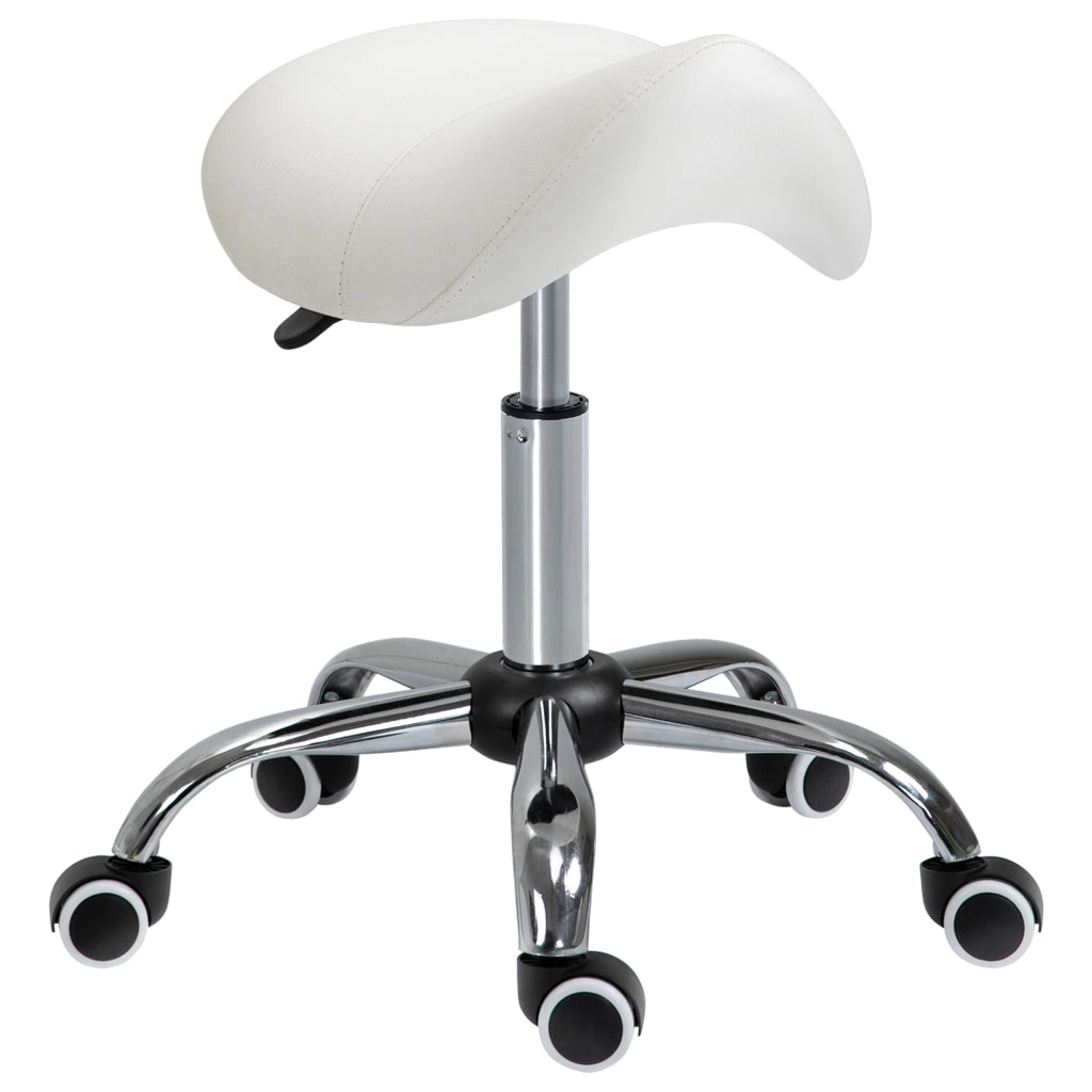 Sgabello girevole bianco a sella imbottito con ruote e altezza regolabile da 49 a 61 cm