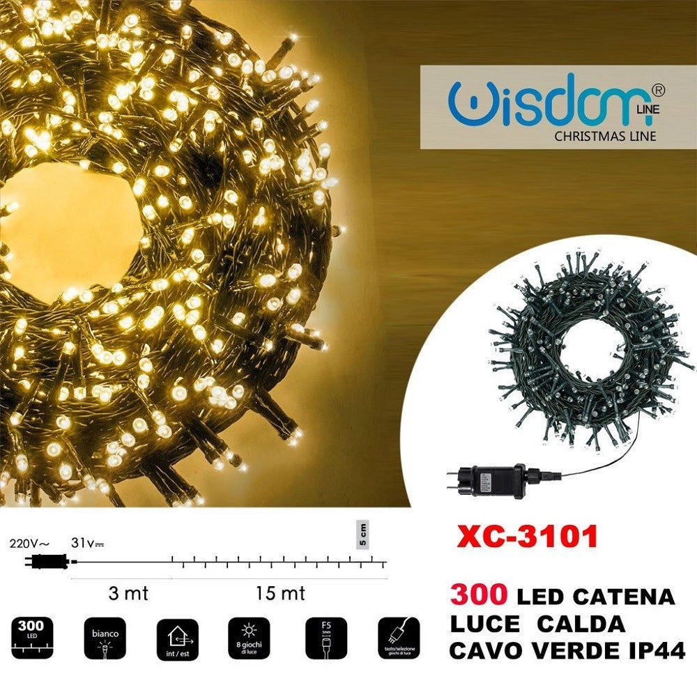 Trade Shop - Catena Luminosa 300 Luci Led Lucciole Luce Calda Cavo Verde Ip44 Xc-3101 -
