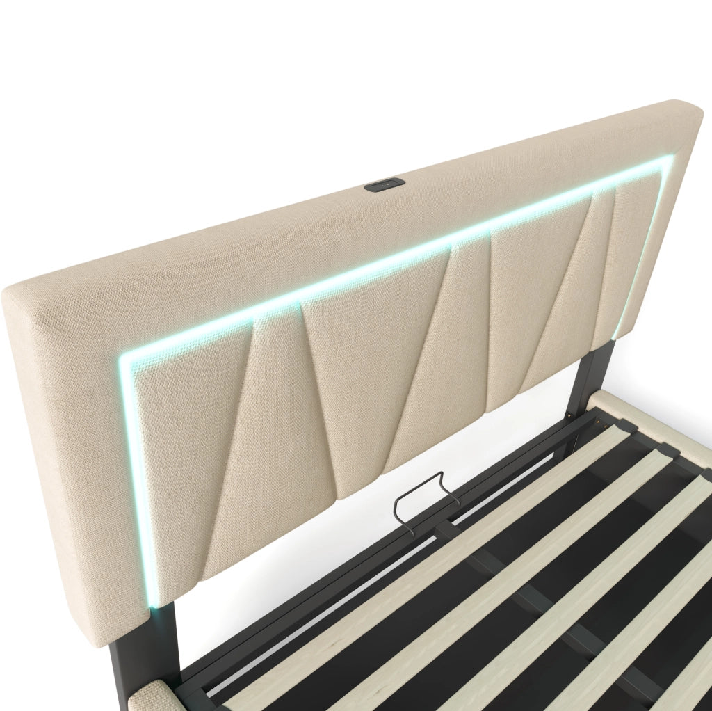 Letto contenitore ULEVR 140x200 cm con LED, USB e Type-C, testiera regolabile in lino beige