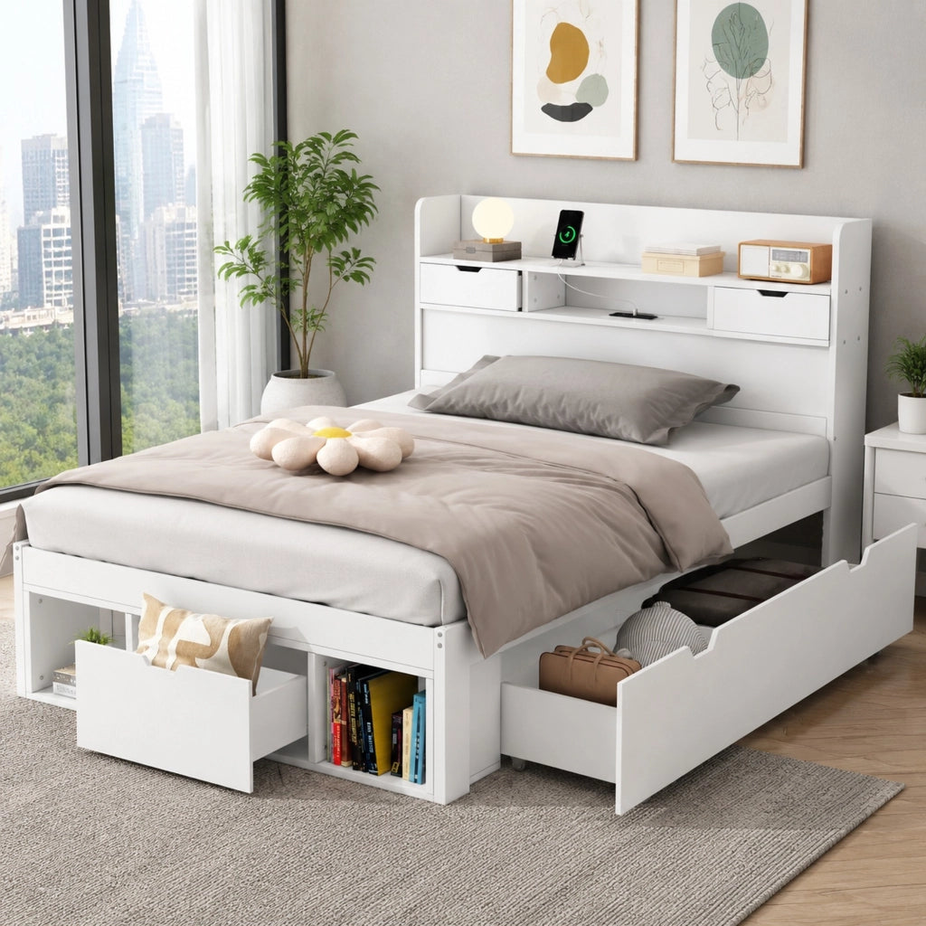 Letto singolo 90x200 cm con USB, prese Type-C, cassetti e vani contenitore, bianco, senza materasso