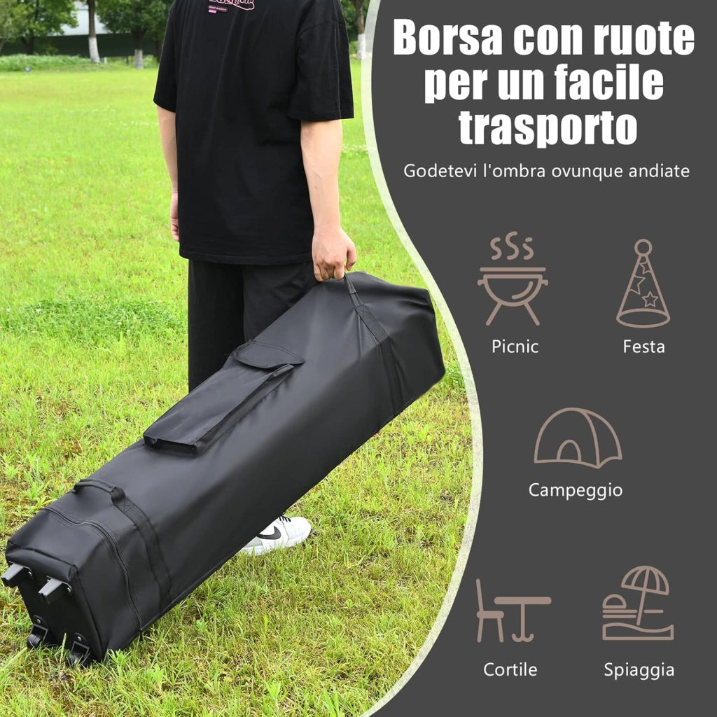 Gazebo da Giardino 395 x 395 cm Pop Up, Gazebo Pieghevole con Doppio Tetto e 3 Altezze Regolabili, con Borsa,Tessuto Oxford, Impermeabile, per Feste, Barbecue, Giardino, Spiaggia (Marrone)