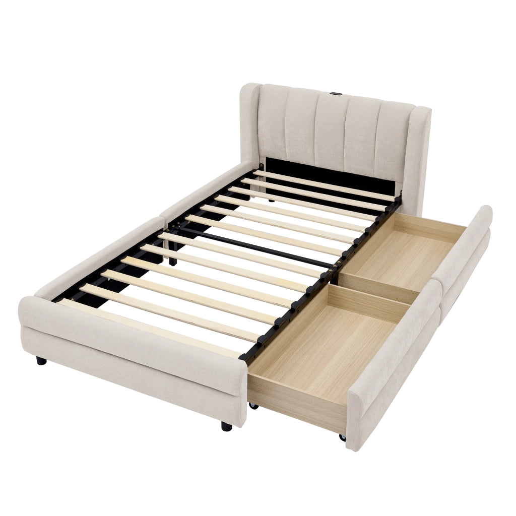 Letto Singolo 90x200 cm; 1 Posto - 2 Cassetti; USB e Type-C - Chenille - Beige