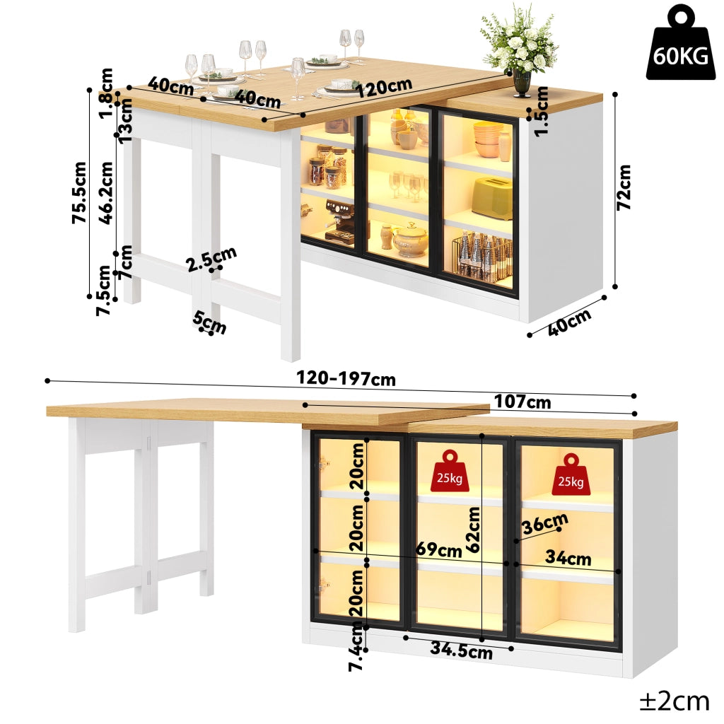 Tavolo da pranzo con armadio laterale; piano girevole a 360°; luce multicolore; per cucina e sala da pranzo; 120 × 40 × 72 cm