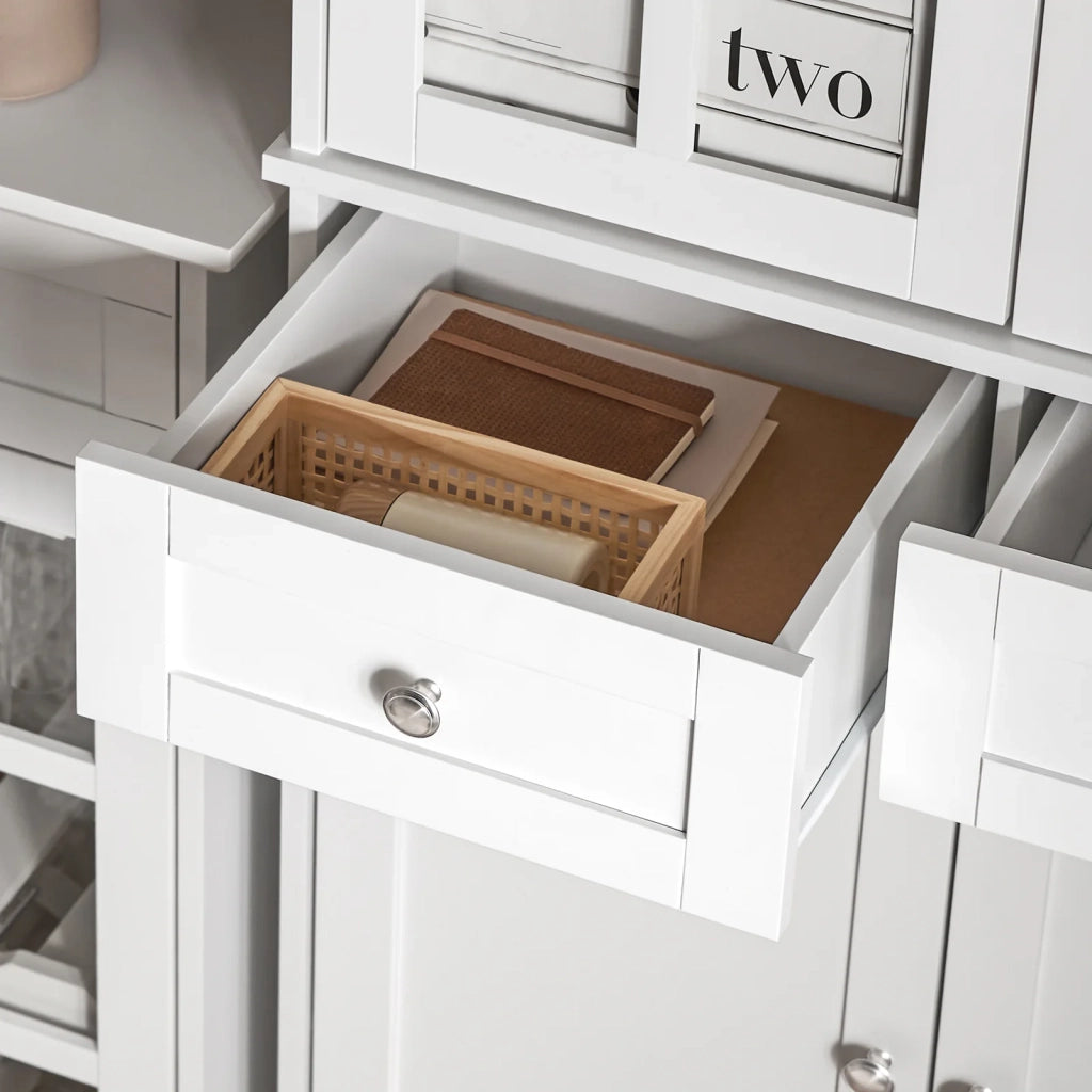 Credenza Alta Per Cucina Mobile Buffet In Legno Con 6 Scomparti E 2 Cassetti Armadio Dispensa In Stile Moderno Bianco 75x40x175cm FSB76-W