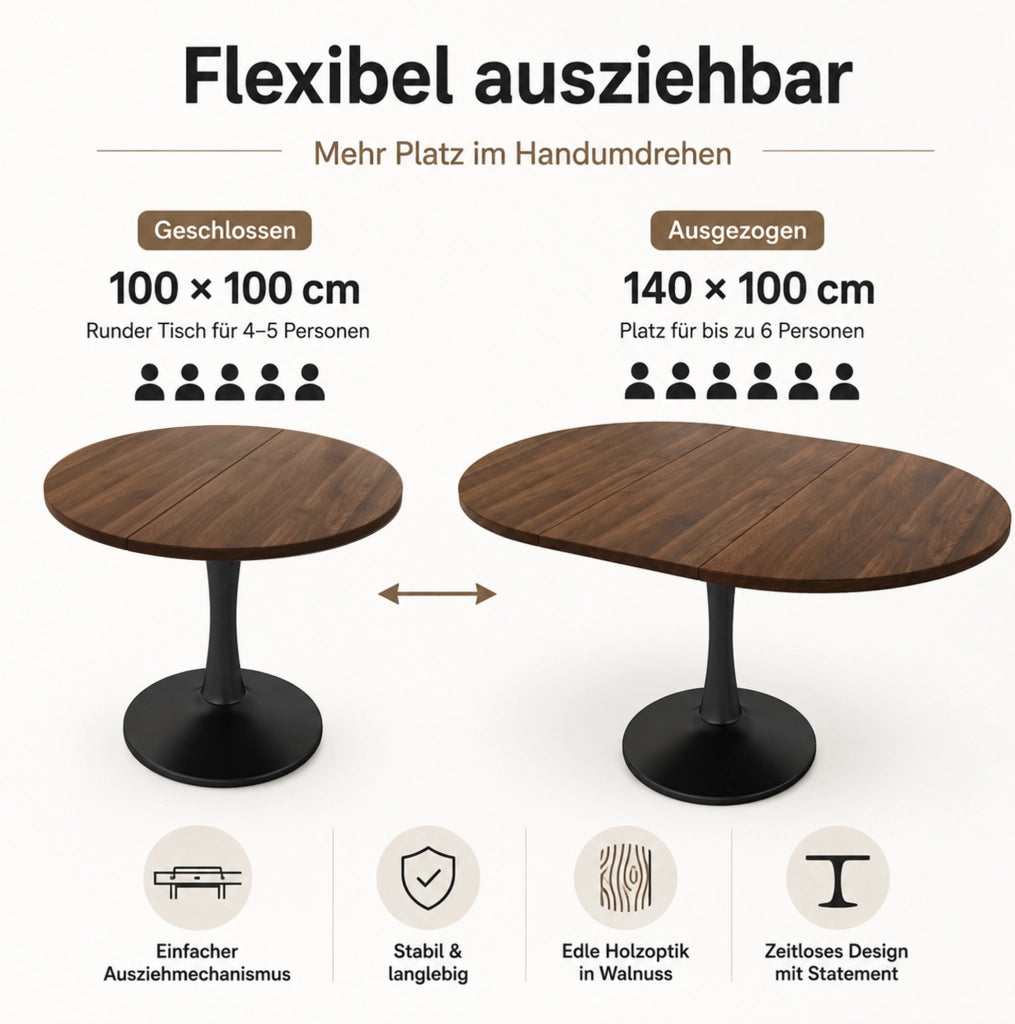 Tavolo da pranzo ovale allungabile 100/140 x 100 x 75 cm in MDF colore noce